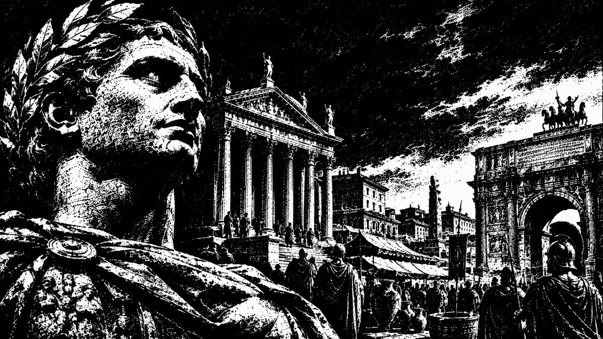 An engraved Roman forum: a colossal laurel-wreathed bust before a temple and a triumphal arch whose carved inscription panel cannot be read.