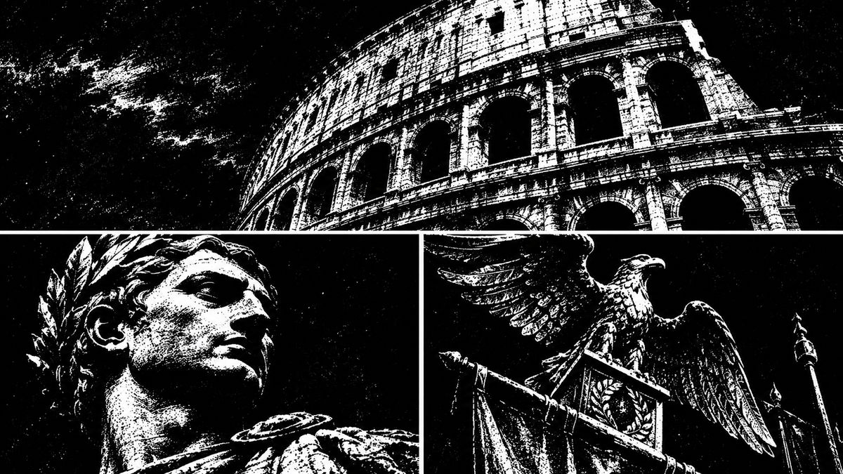 A three-panel engraving of the Colosseum, a laurel-crowned marble portrait and a legionary eagle standard: monuments whose features survive centuries of wear.