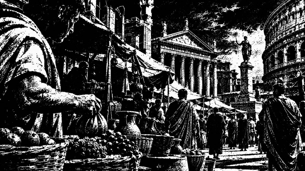 An engraved Roman market with a produce vendor leaning over his baskets, a temple, a commemorative column and the Colosseum behind the crowd: the trading decided first, the monuments built after.