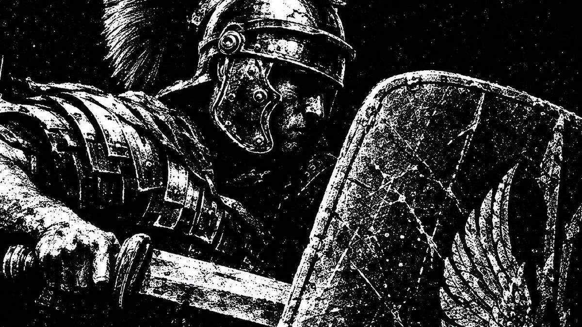 A Roman legionary crouched behind his large rectangular scutum on a bare black ground: armoured, braced, still waiting for the order to advance.